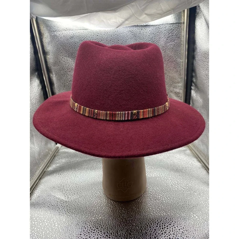Unbranded‎ Fedora Women OS Burgundy Wool Felt Wide Brim Tribal Band Boho Western